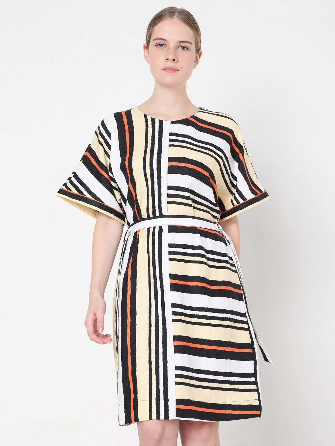 Vero Moda Women Yellow & White Striped Belted T-Shirt Dress