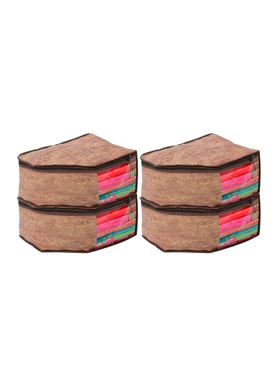 Kuber Industries Set Of 4 Brown Wooden Printed Non-Woven Blouse Organizer
