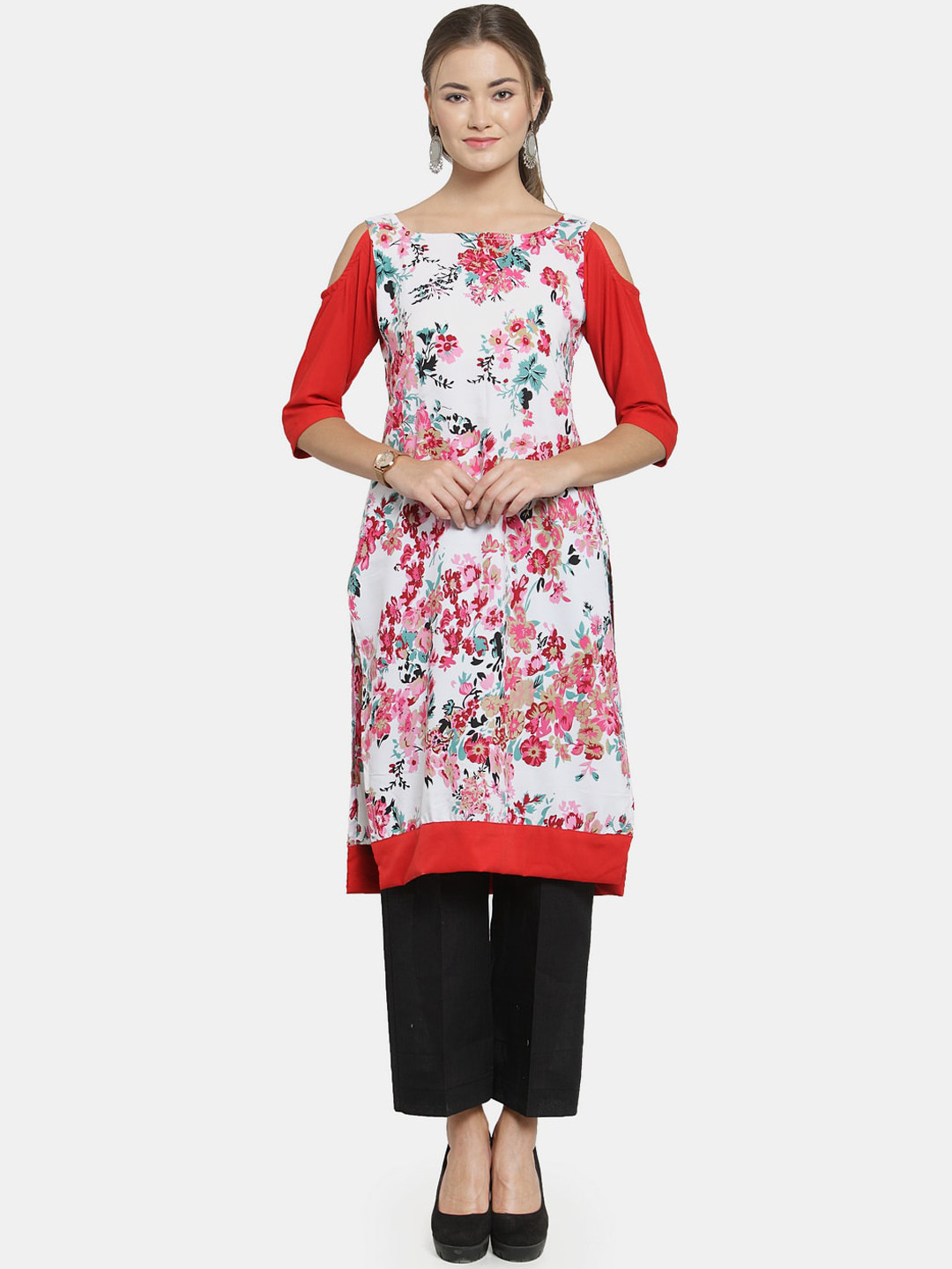 Sayesha Women White & Red Floral Printed Straight Kurta
