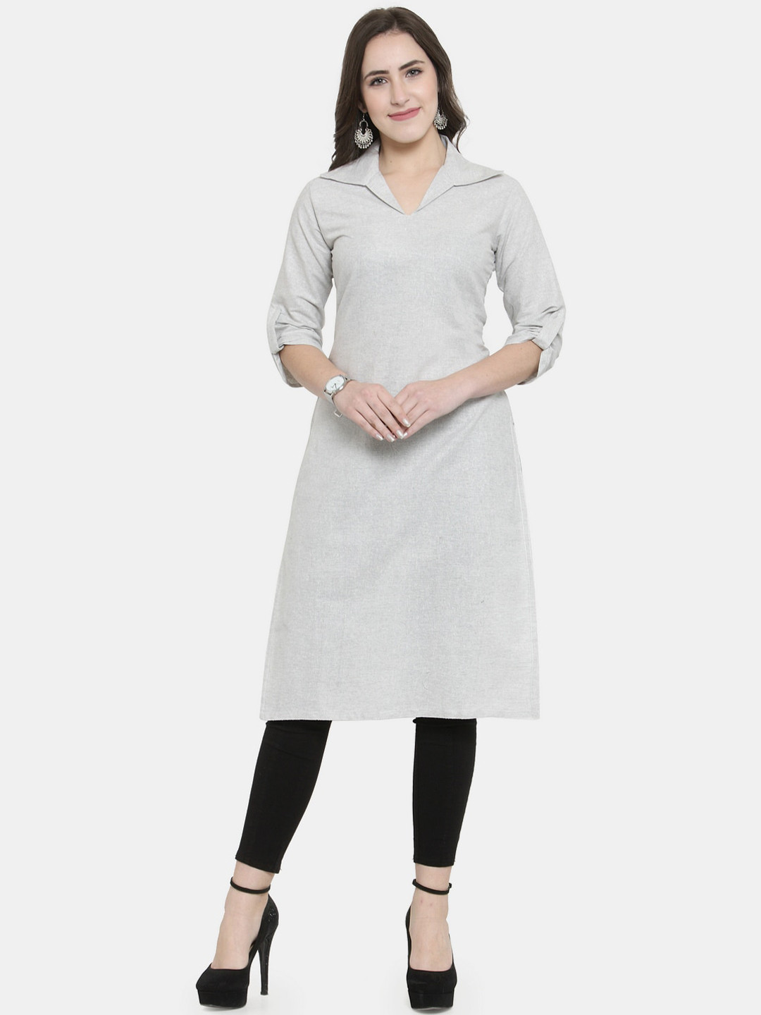 Sayesha Women Grey Solid Shirt Collar Cotton A-line Kurta