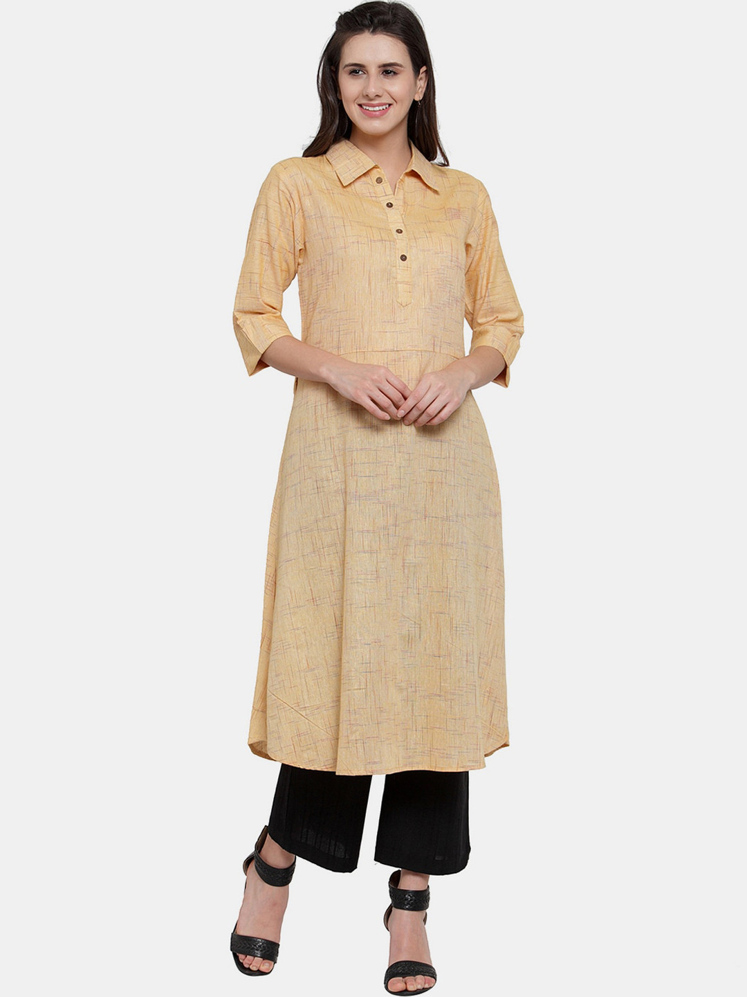 Sayesha Women Peach-Coloured Woven Design Shirt Collar Kurta