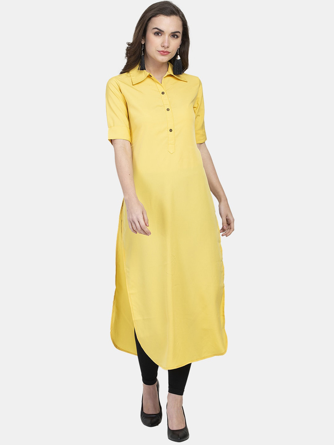 Sayesha Women Yellow Shirt Collar Crepe Kurta