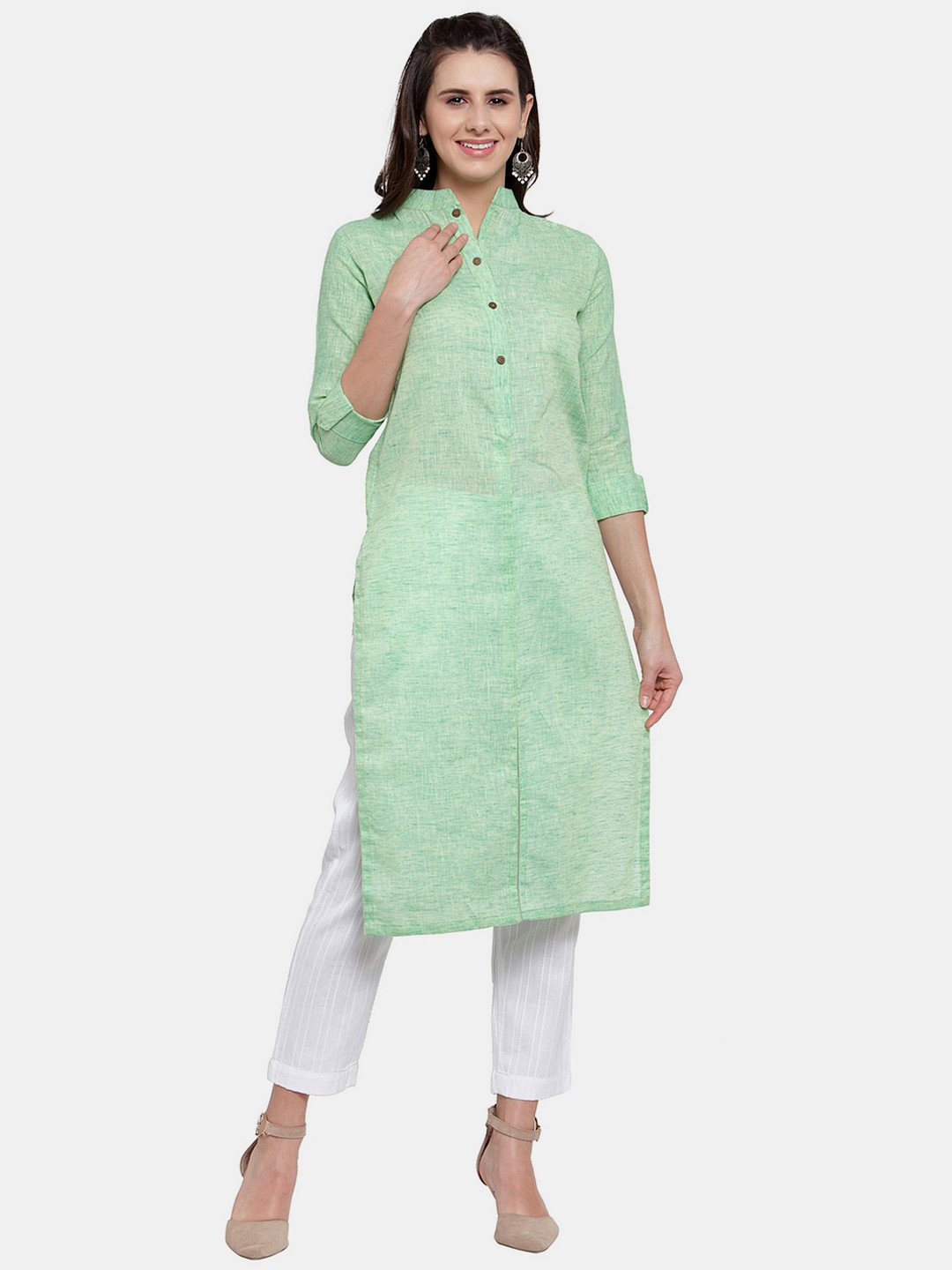 Sayesha Women Mint Green Solid Textured Cotton Kurta