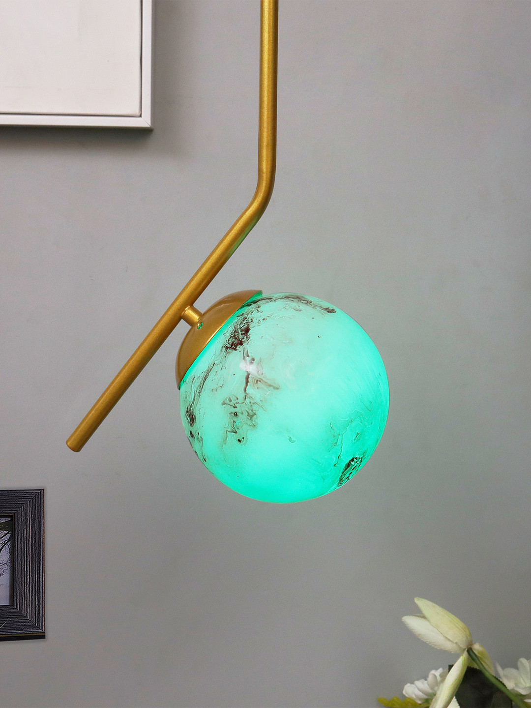 Homesake Green & Gold Toned Tilt L Neptune Planet Series Frosted Glass Ceiling Lamp