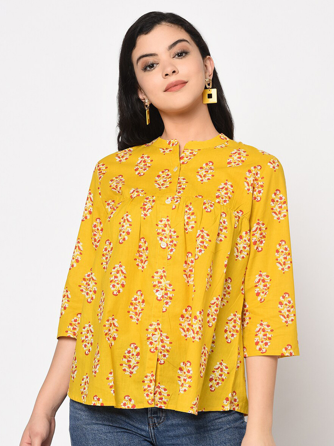 antaran Yellow Floral Print Cotton Mandarin Collar Top