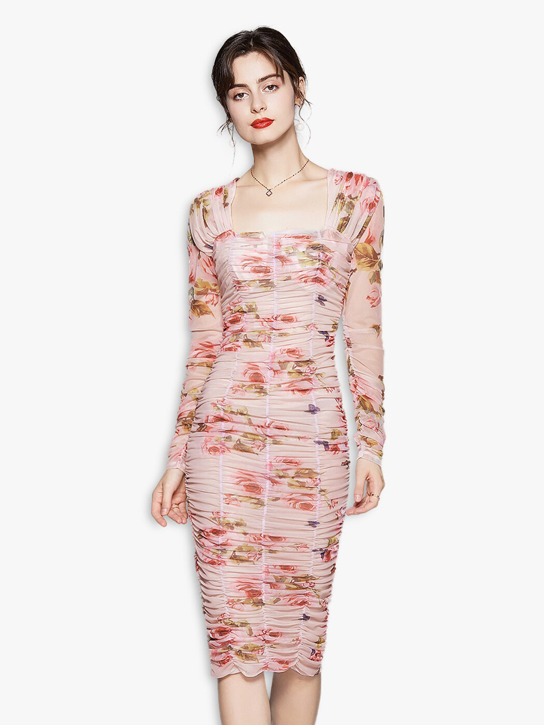 JC Collection Beige & Pink Floral Bodycon Ruched Midi Dress