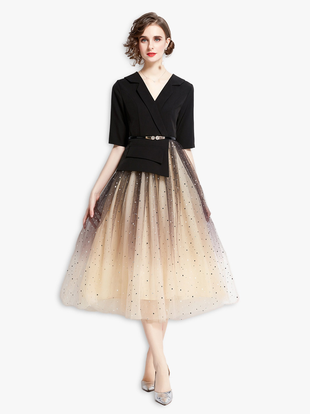 JC Collection Black Midi Mesh Two piece Zipper Dress with Black belted