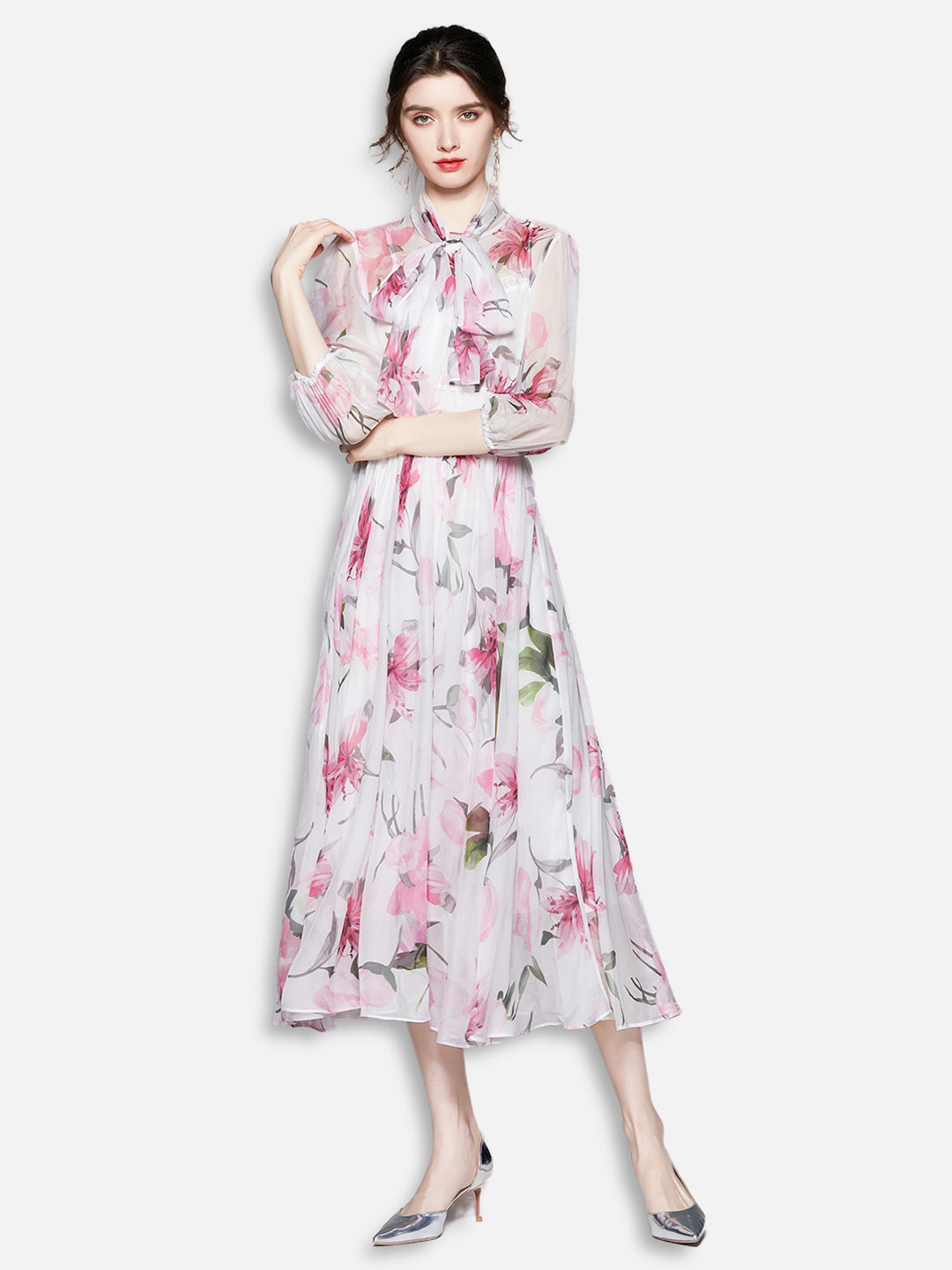JC Collection Pink & Green Floral Printed Midi Dress
