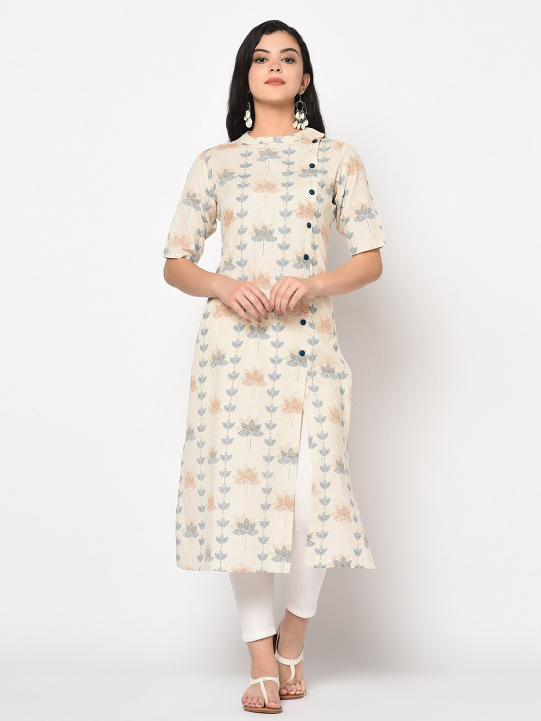 Antaran Off White & Navy Blue Ethnic Motifs Printed Pure Cotton Kurti