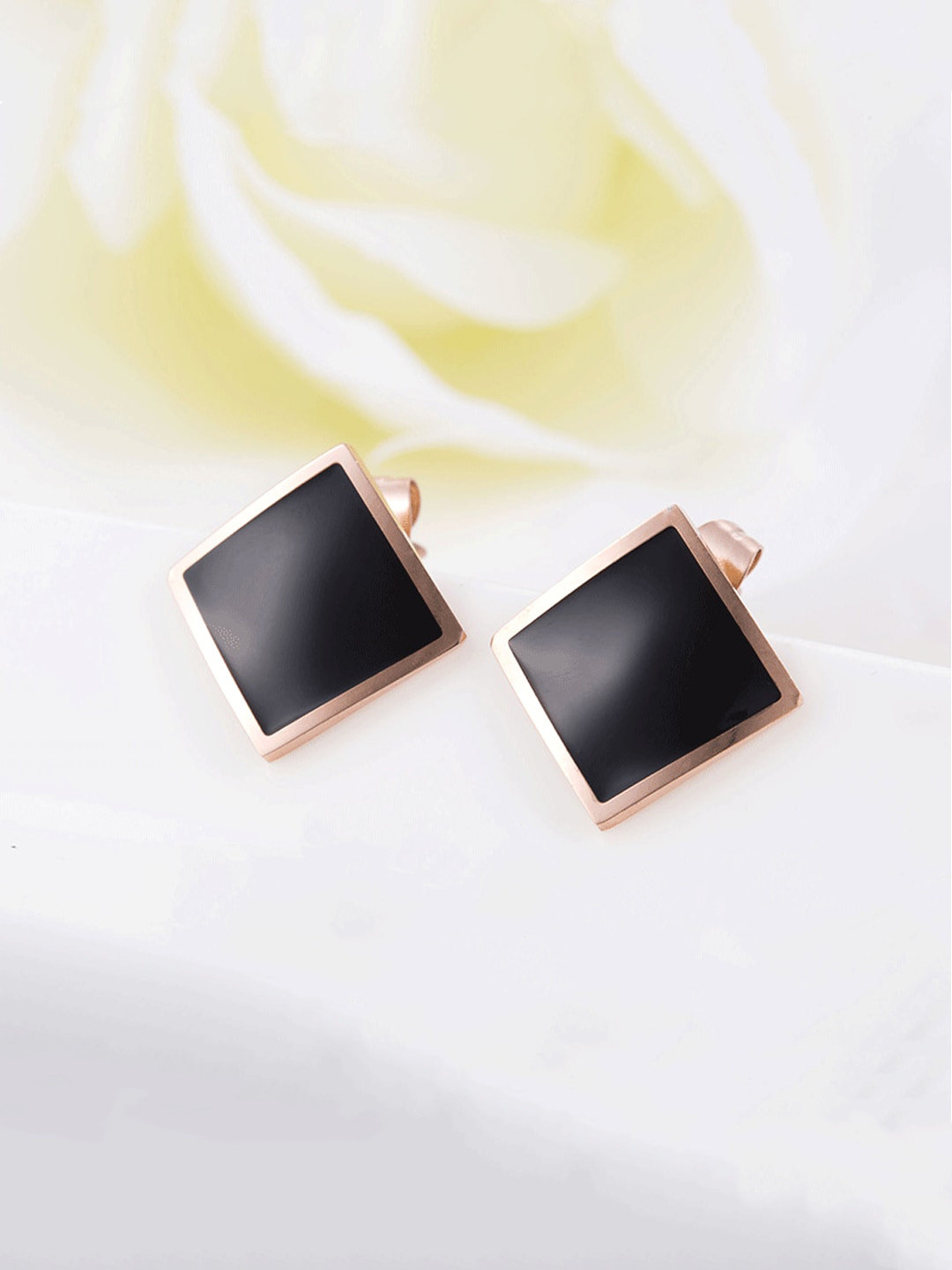 Yellow Chimes  Rose Gold Plated Black Square Stud Earrings
