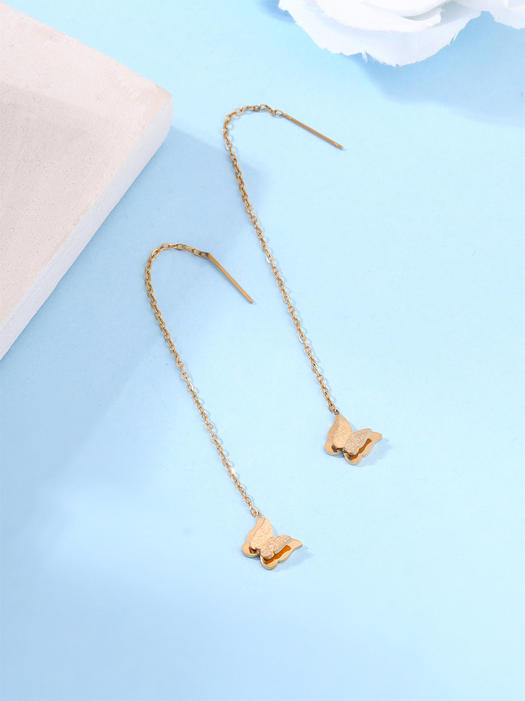 Yellow Chimes Rose Gold Plated Stainless Steel Butterfly Designed Quirky Drop Earrings
