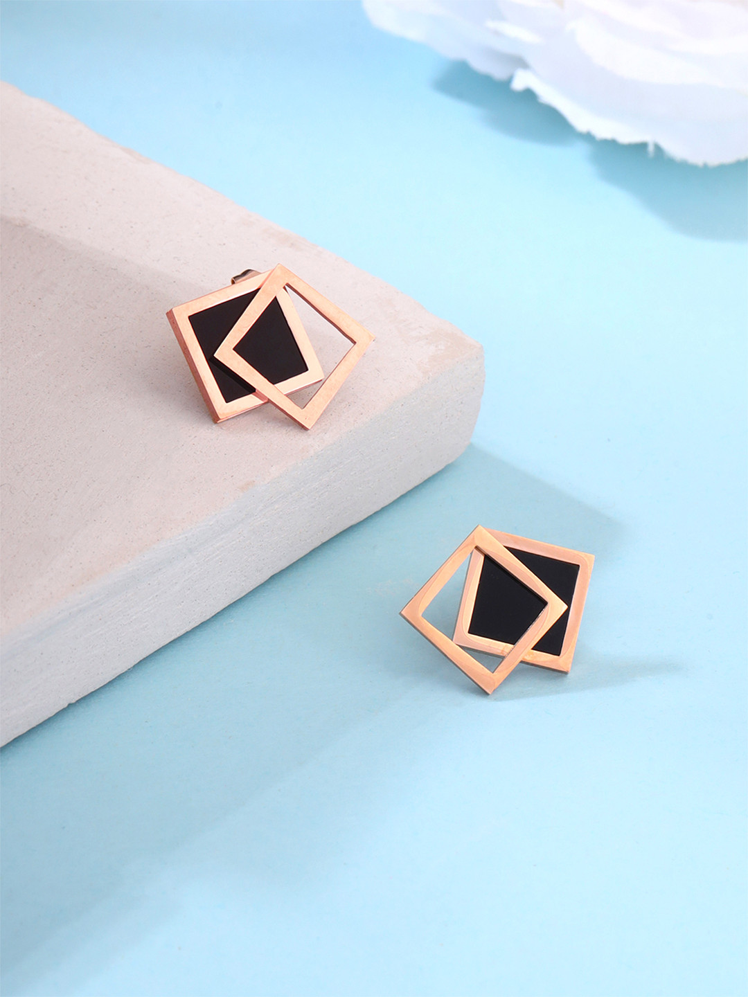 Yellow Chimes Black & Rose Gold Geometric Studs Earrings