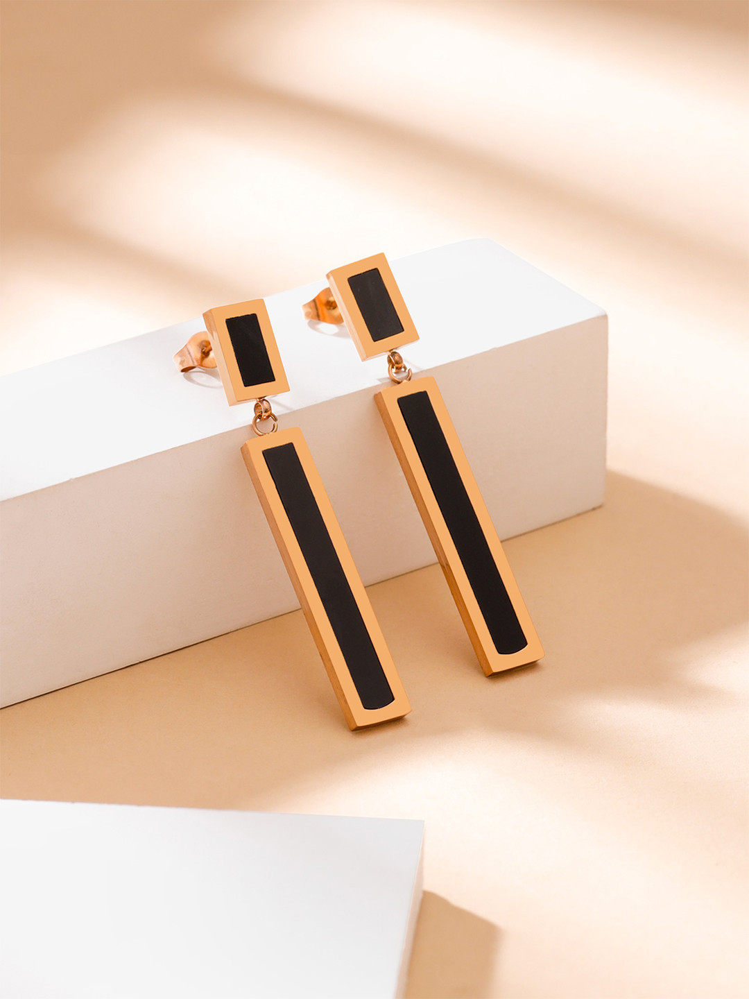 Yellow Chimes  Rose Gold Plated Stainless Steel Black Square Drop Earrings