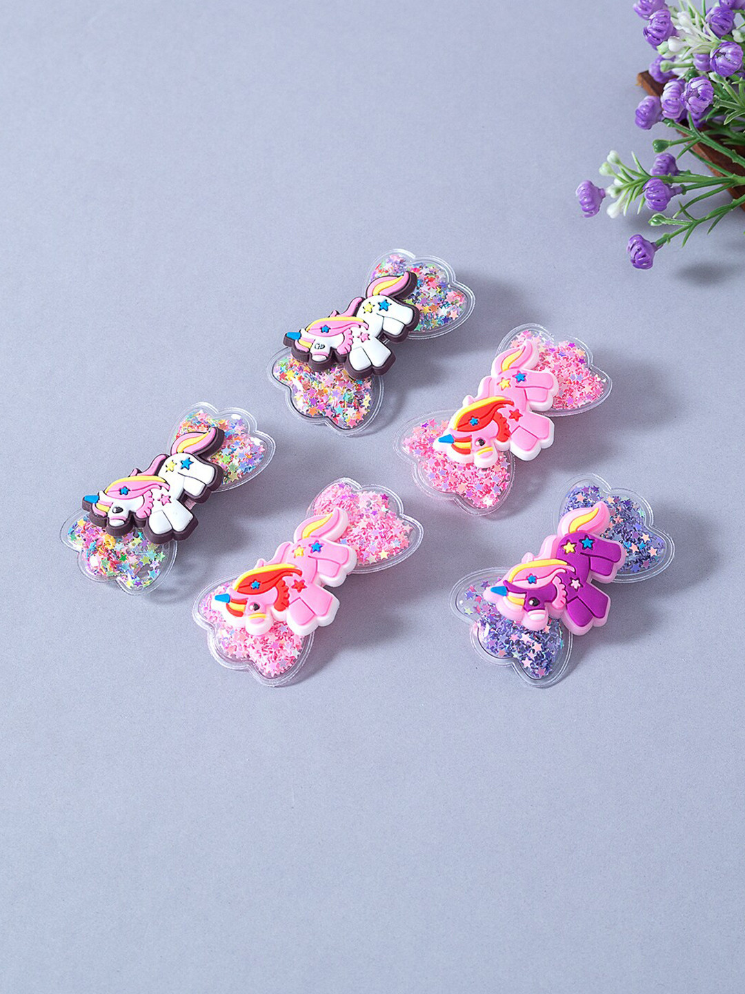 Golden Peacock Girls Pink & White Set of 5 Unicorn Embellished Alligator Hair Clip
