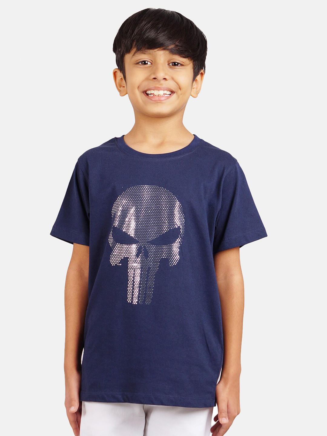 Marvel by Wear Your Mind Boys Navy Blue & Grey Cotton Punisher Print T-shirt