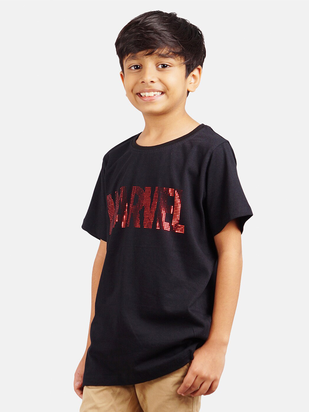 Marvel by Wear Your Mind Boys Black & Red Cotton Typography Print T-shirt