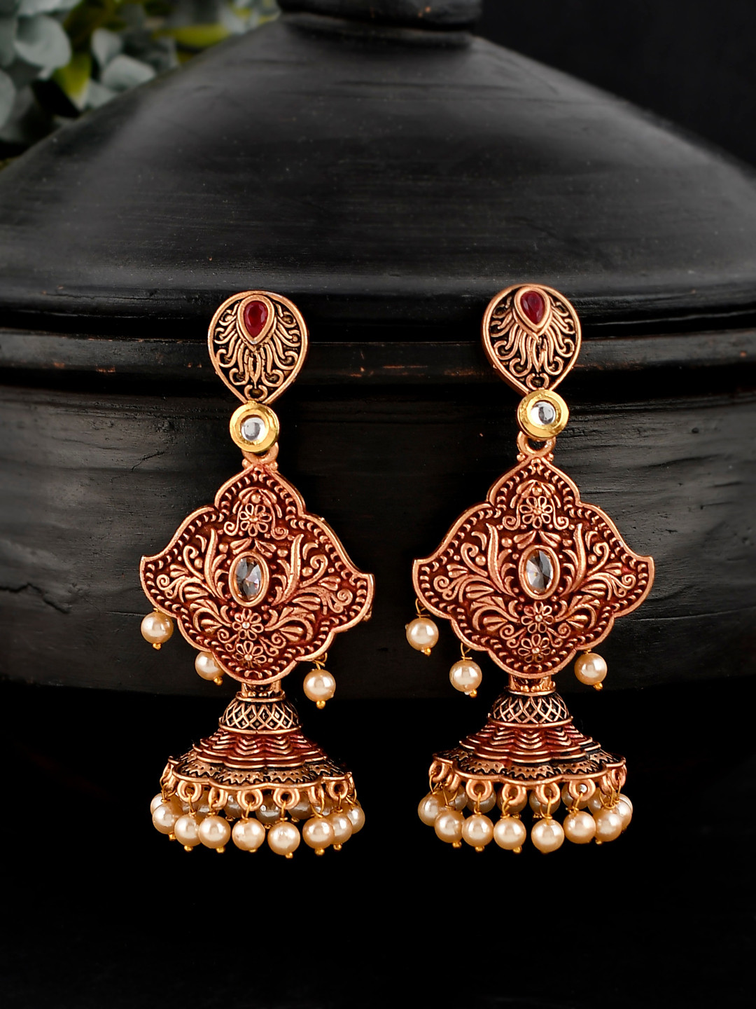 Shoshaa Maroon & Gold-Toned Contemporary Jhumkas Earrings