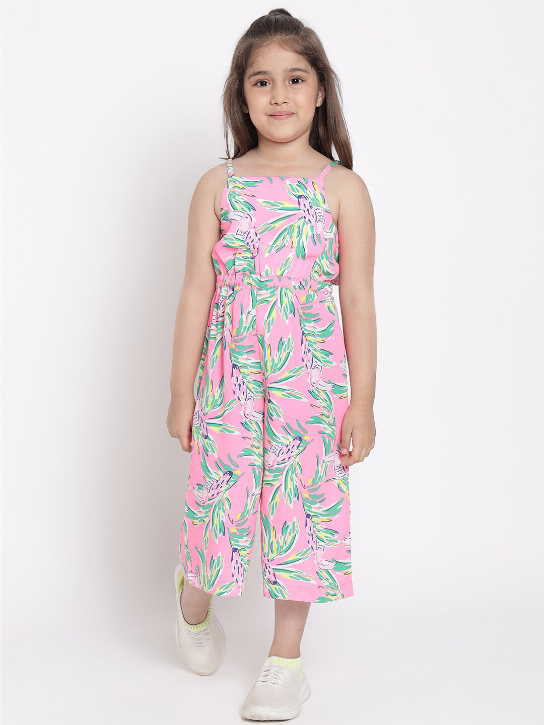 Nauti Nati Girls Pink & Green Printed Basic Jumpsuit with Styled Back