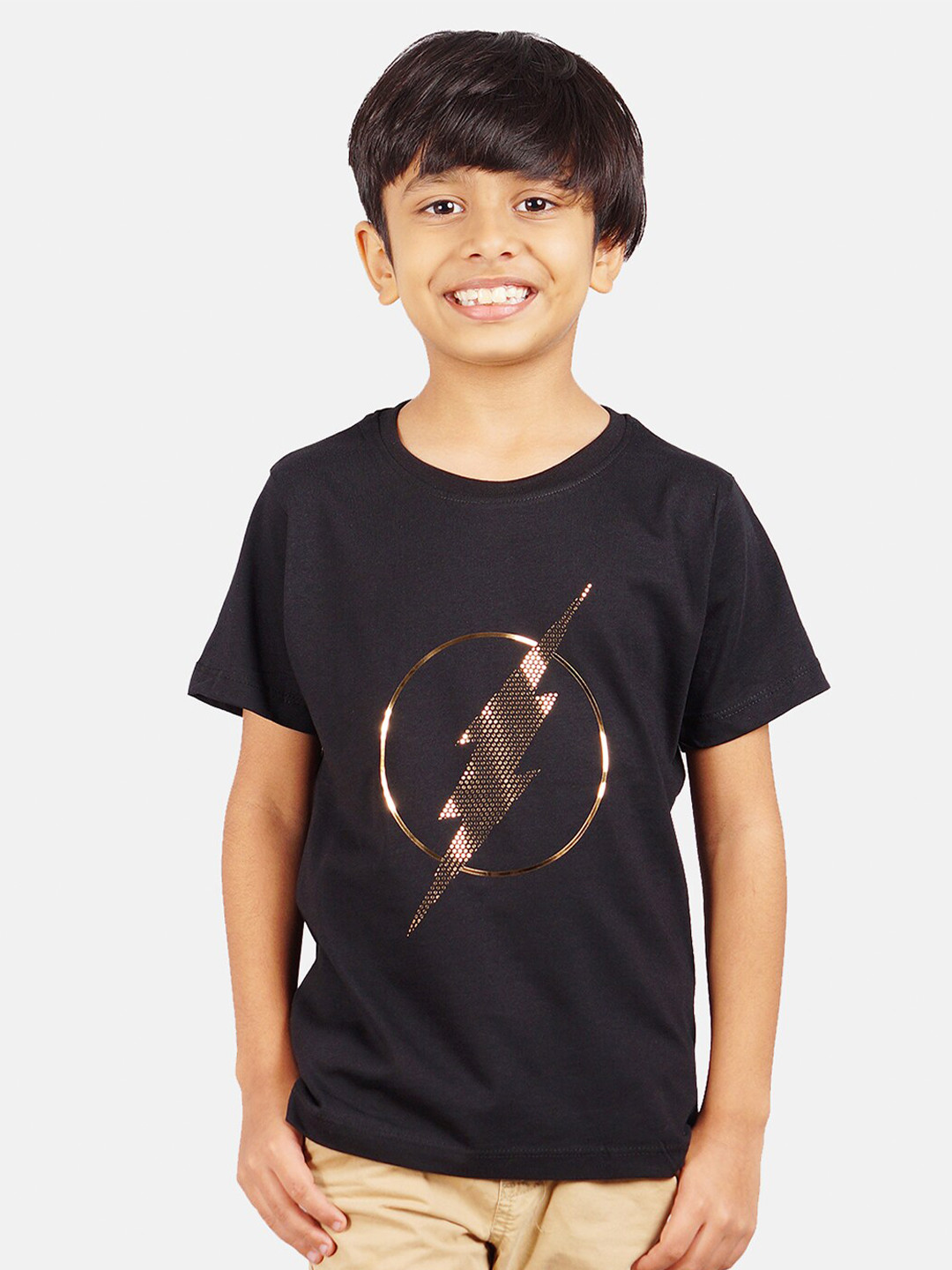 DC by Wear Your Mind Boys Black & Golden Cotton Flash Print T-shirt