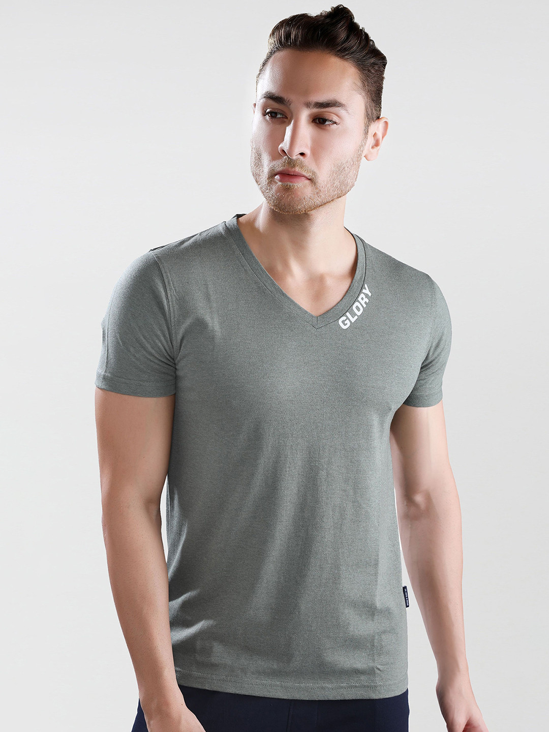 Dream of Glory Inc Men Green Brand Logo V-Neck Pure Cotton T-shirt