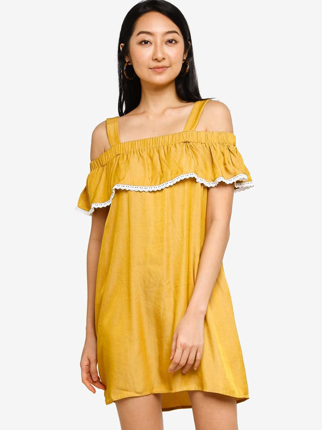ZALORA BASICS Yellow Embroidered Cold Shoulder Mini Dress