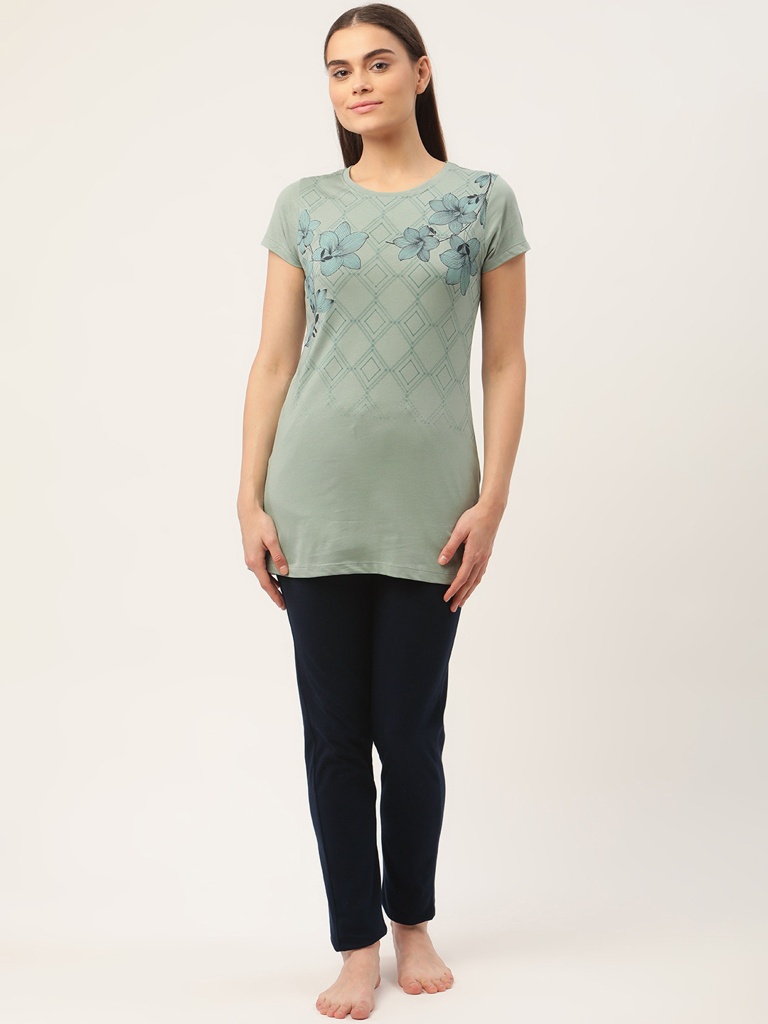 Sweet Dreams Women Green & Navy Blue Printed Pure Cotton Night suit