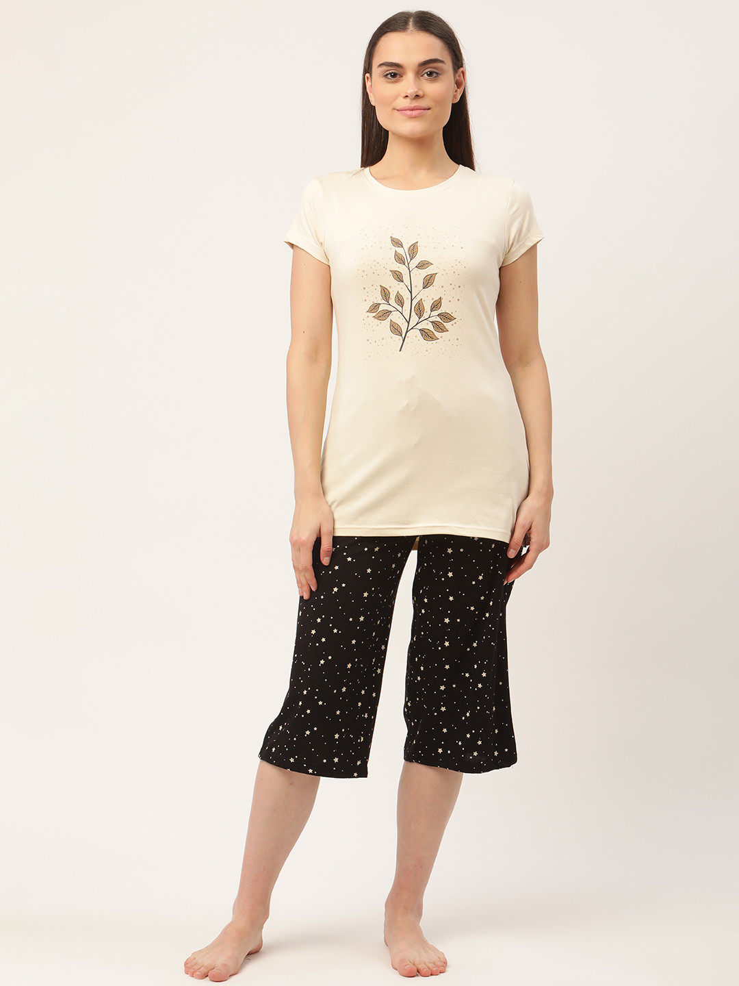 Sweet Dreams Women Beige & Black Floral Printed Capri Set