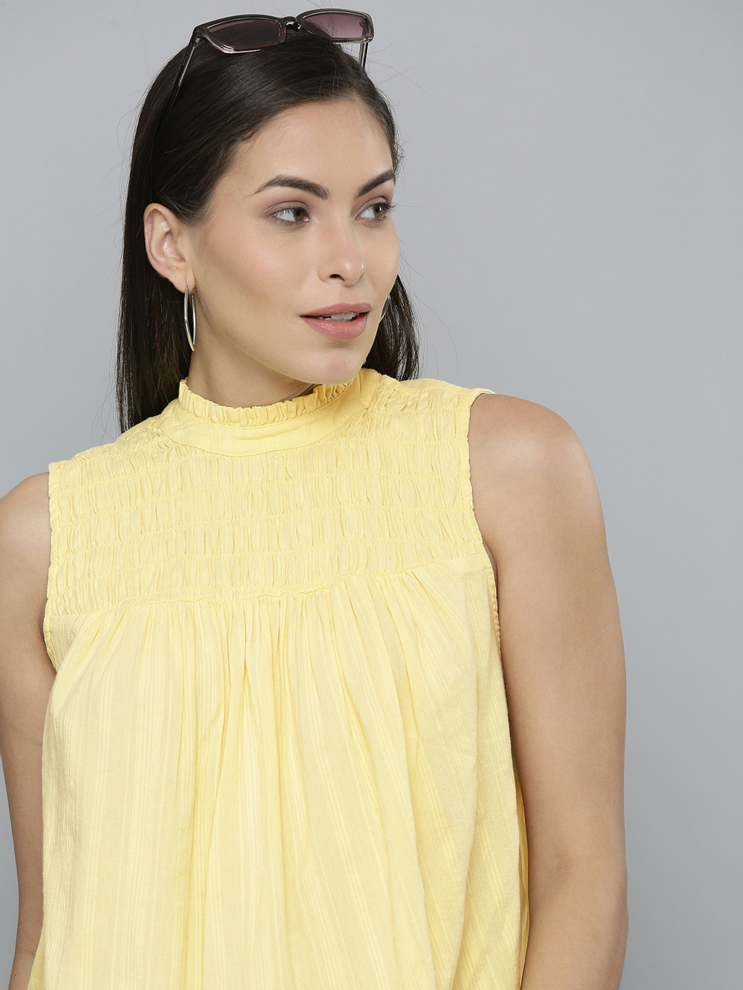 Levis Yellow Striped High Neck Smocked Top
