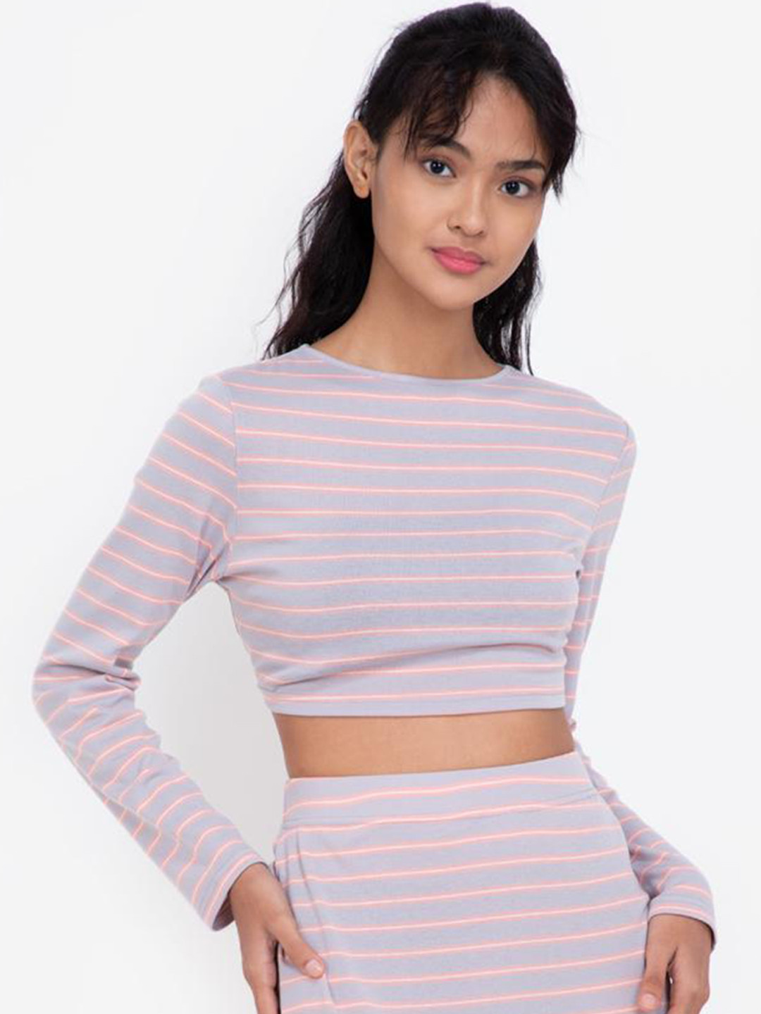 ZALORA BASICS Black & Grey Striped Rib Open Back Long Sleeve Top
