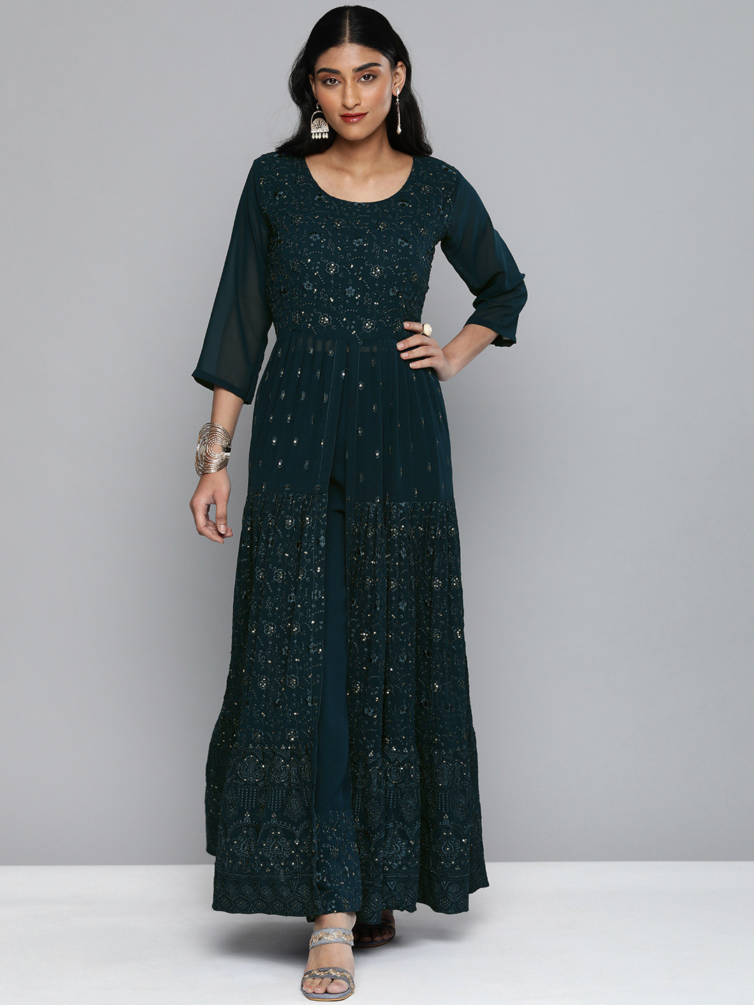 Kvsfab Women Teal Blue Floral Sequin Embroidered Pleated Kurta with Trousers