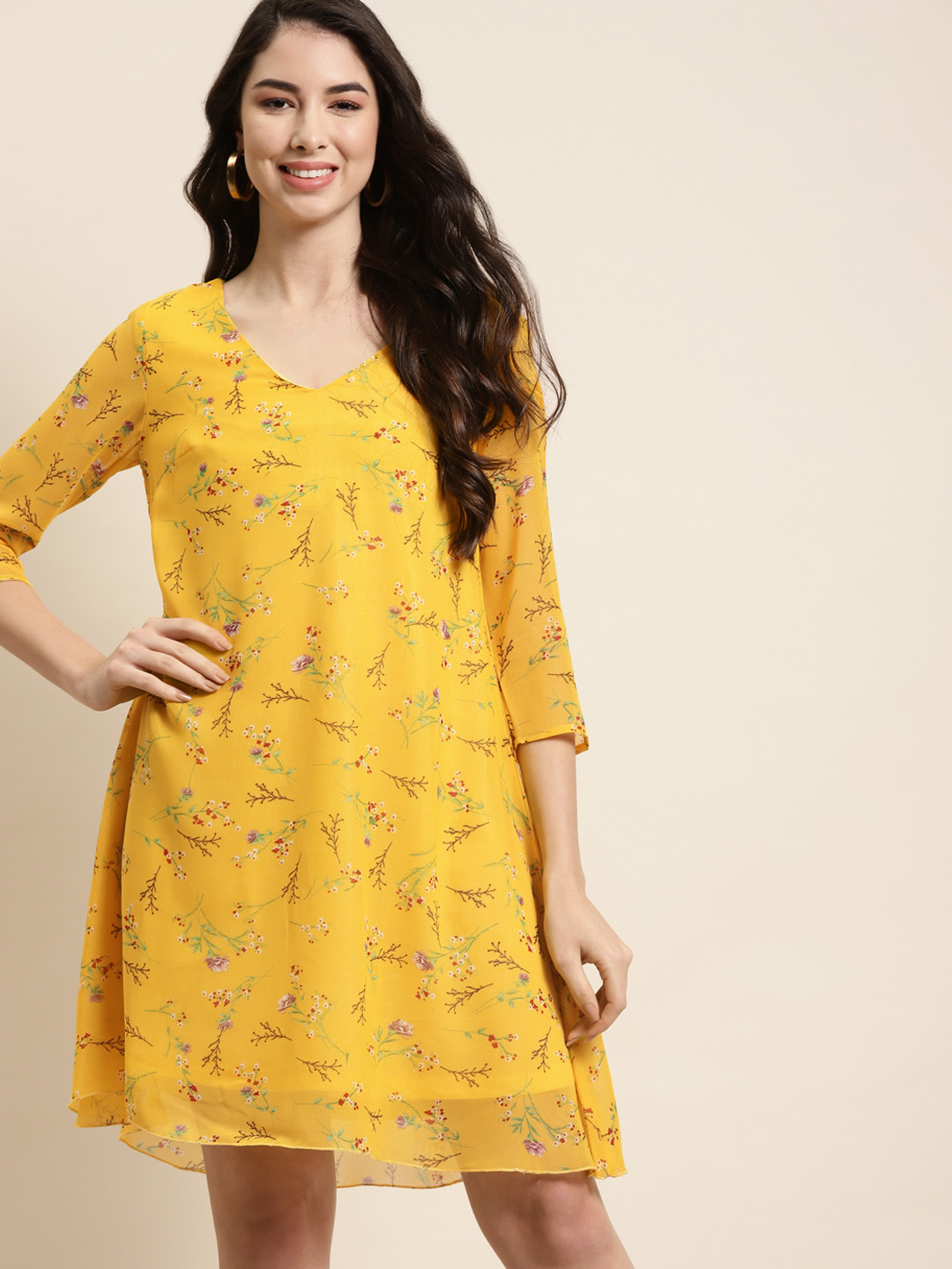 Qurvii Yellow Floral Georgette Blouson Dress