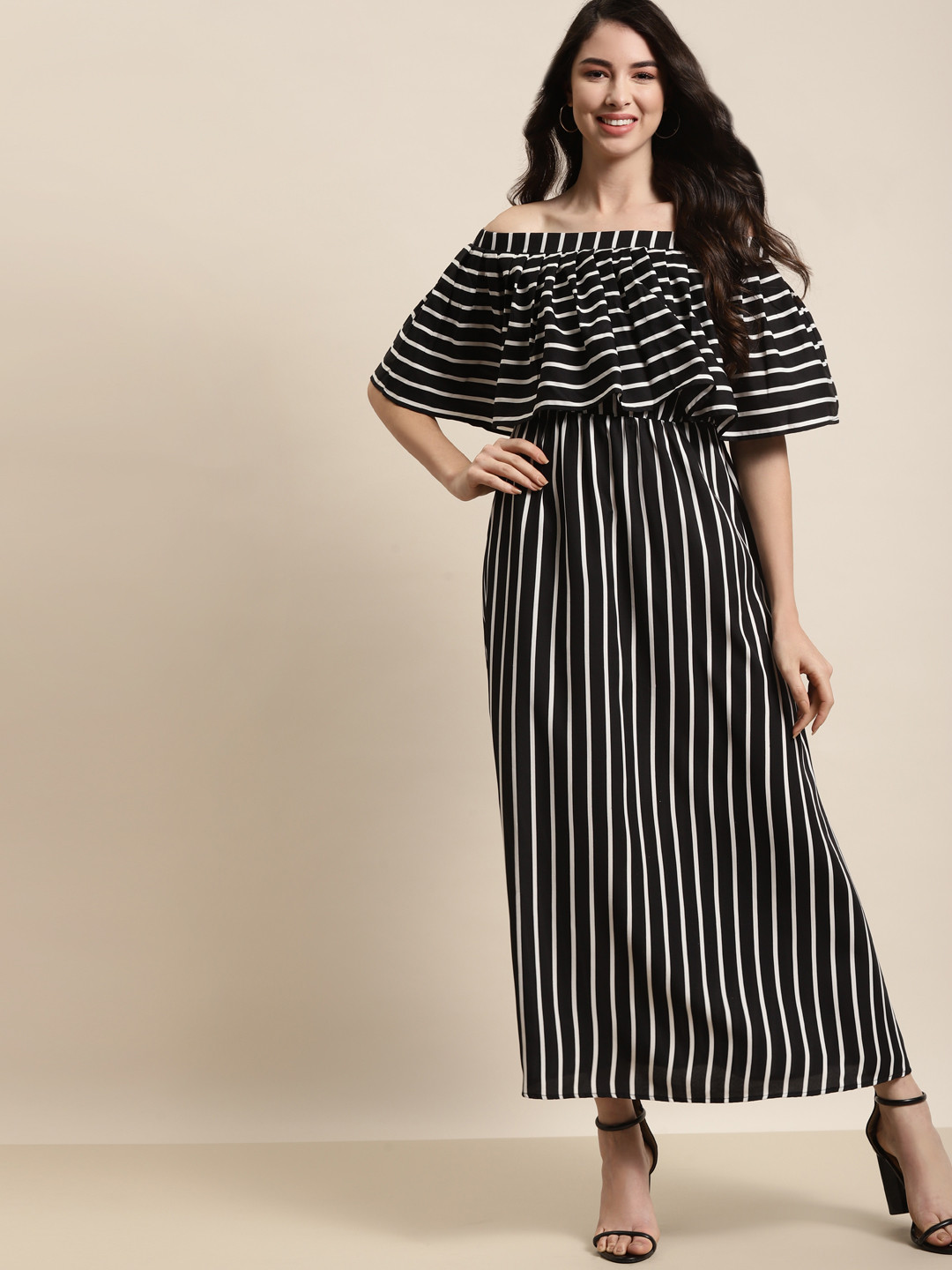 Qurvii Black & White Striped Off-Shoulder Layered Crepe Maxi Dress