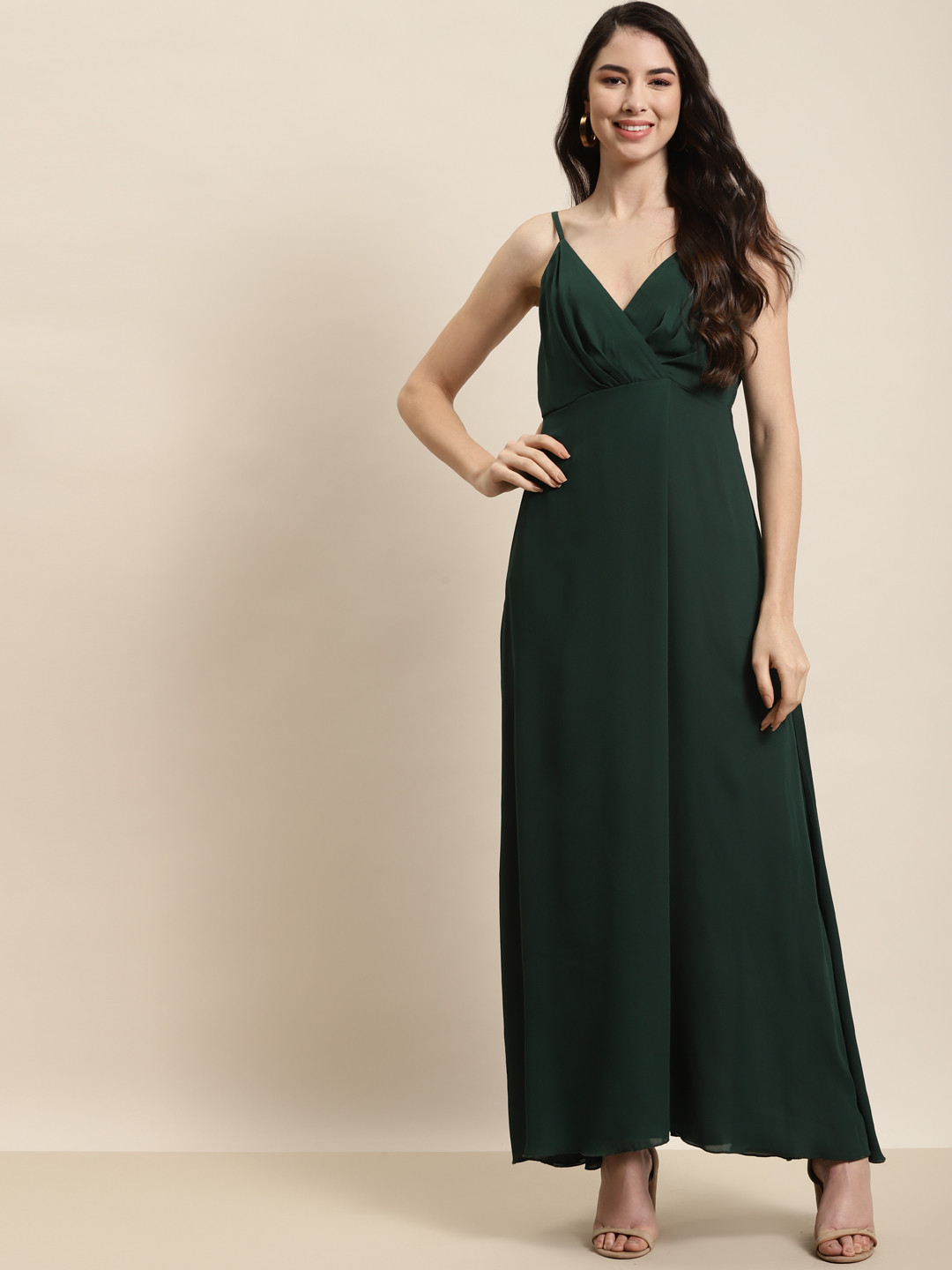 Qurvii Green Crepe Maxi Dress With Side Slit