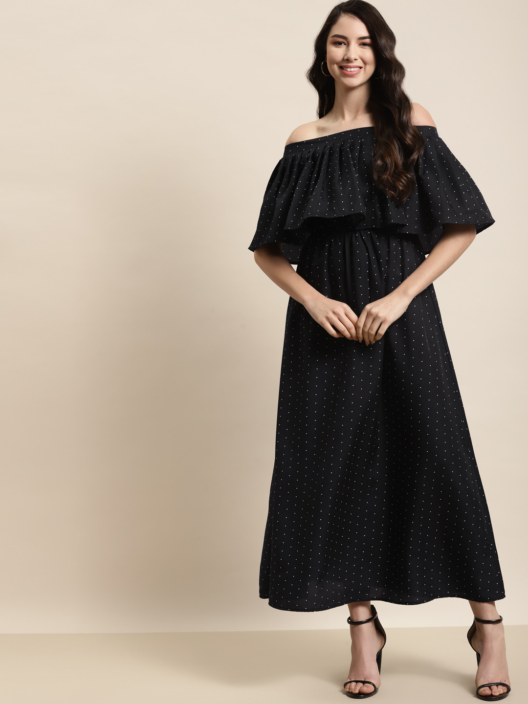 Qurvii Black & White Off-Shoulder Layered Crepe Maxi Dress