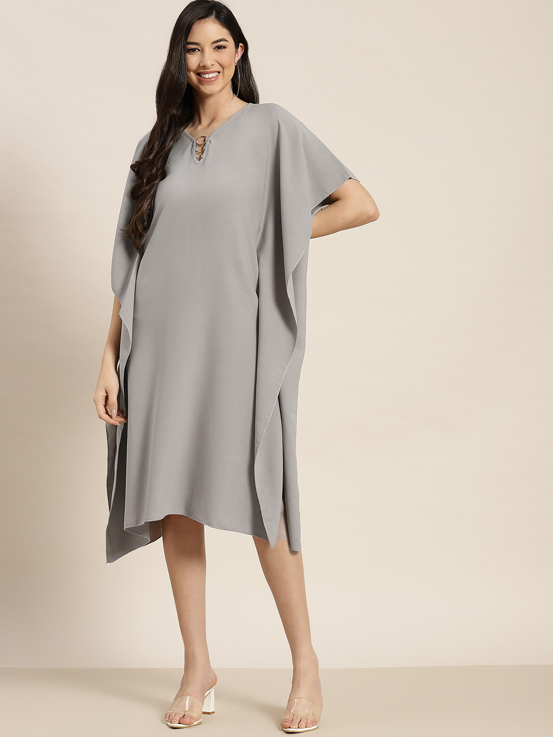 Qurvii Grey Crepe Kaftan Midi Dress