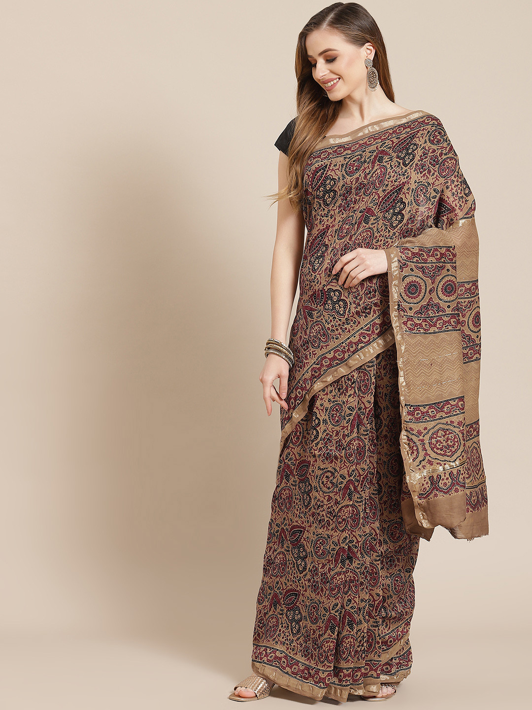 ADITRI Handloom Assorted Ajrakh Print Zari Chanderi Silk Block Print Saree