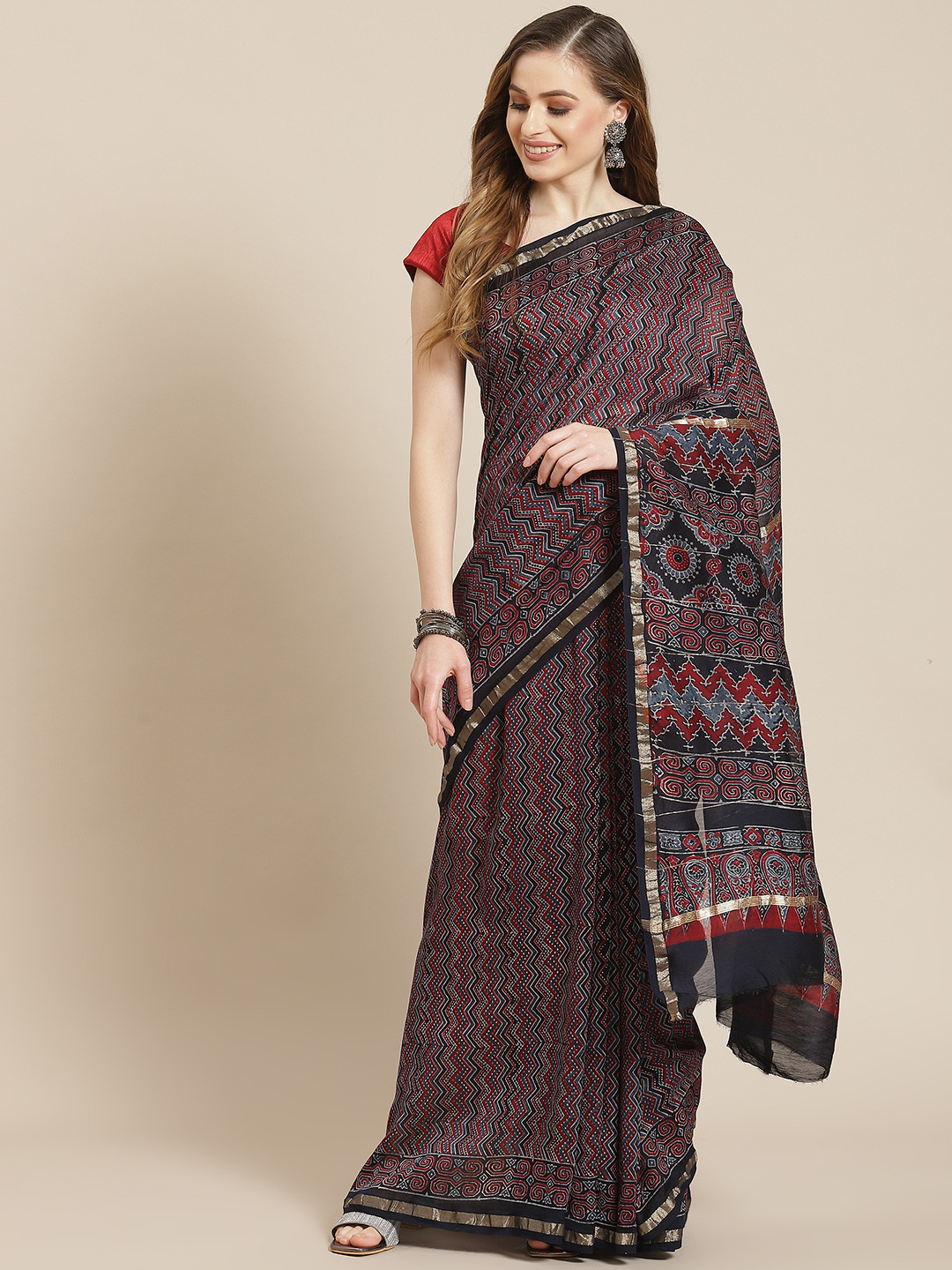 ADITRI Handloom Assorted Ajrakh Print Zari Chanderi Silk Block Print Saree