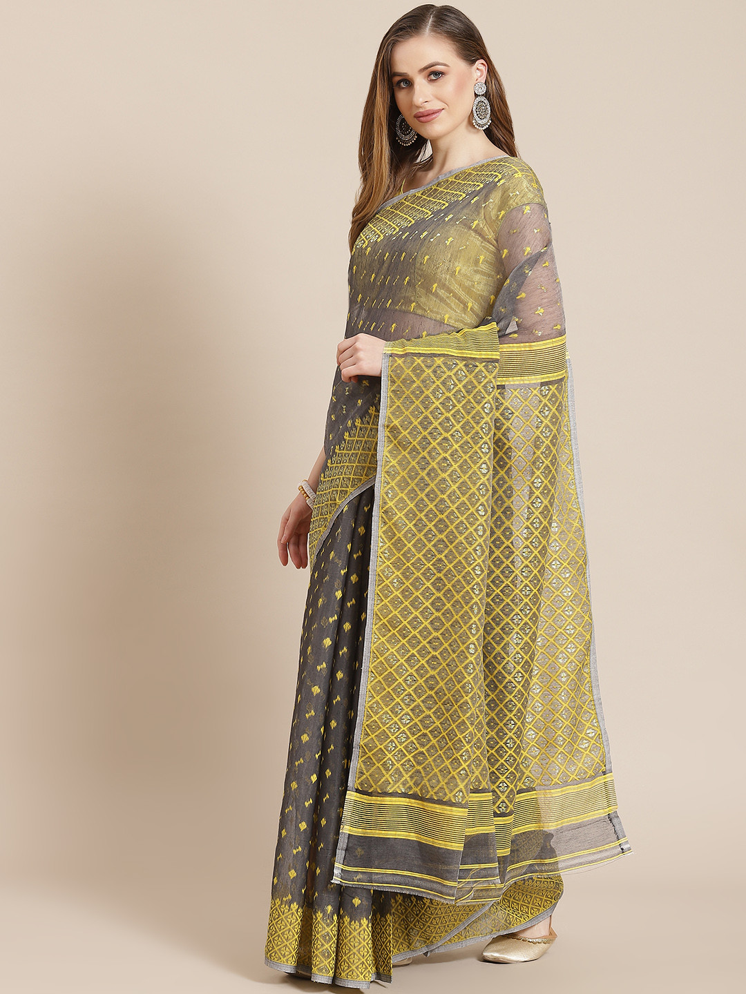 ADITRI Handloom Yellow & Grey Melange Ethnic Motifs Woven Design Resham Silk Jamdani Saree