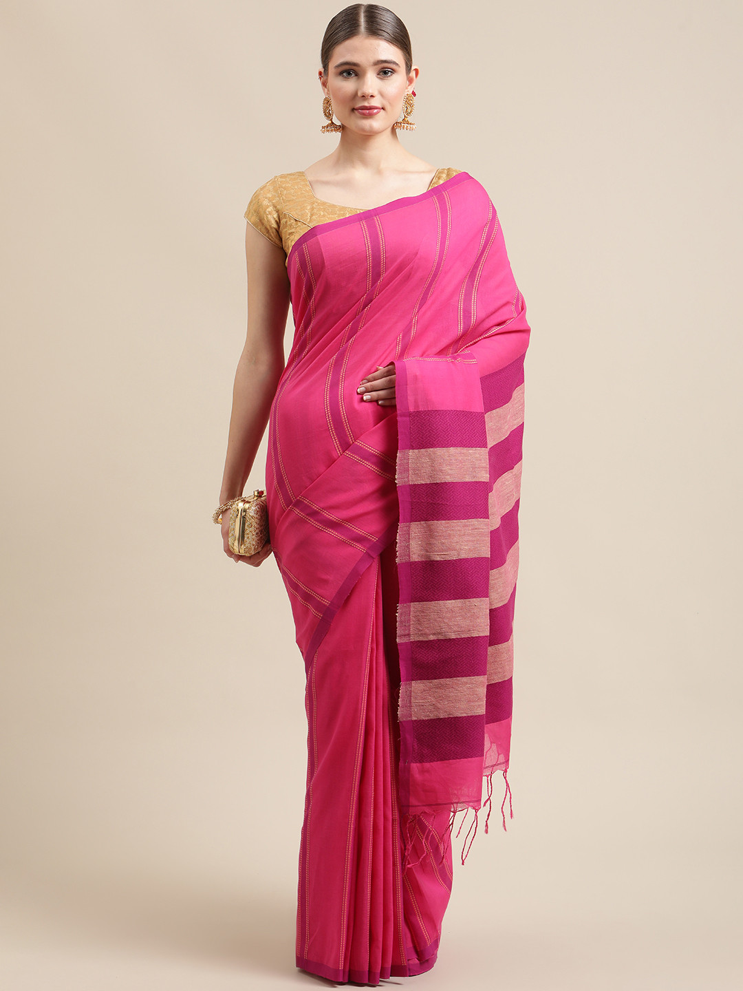 ADITRI Handloom Fuchsia Pink Striped Pure Cotton Saree