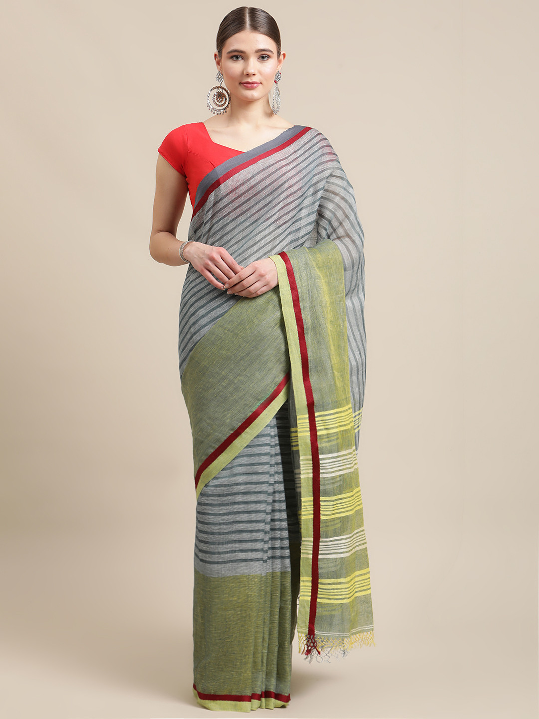 ADITRI Handloom Grey & Yellow Striped Pure Linen Saree