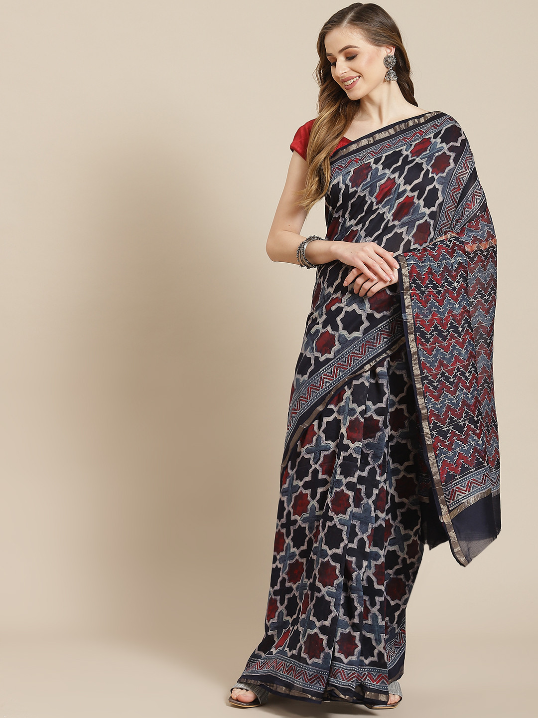 ADITRI Handloom Red & Navy Blue Ajrakh Print Zari Chanderi Silk Block Print Saree