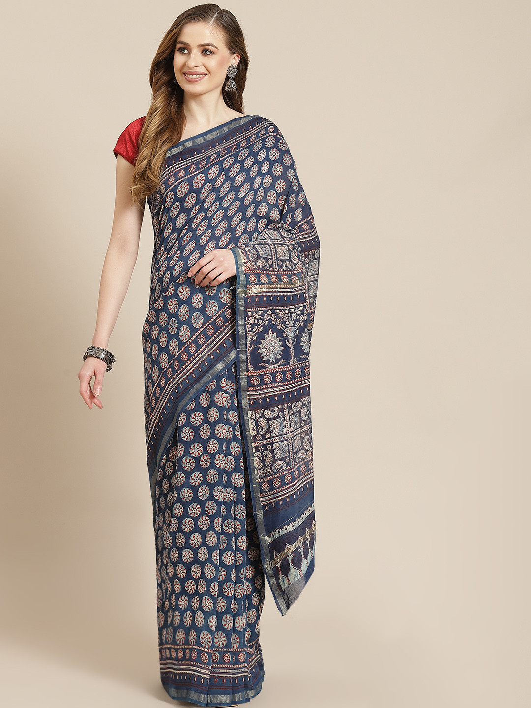 ADITRI Handloom Indigo Blue & Rust Brown Ajrakh Print Zari Chanderi Silk Bock Print Saree