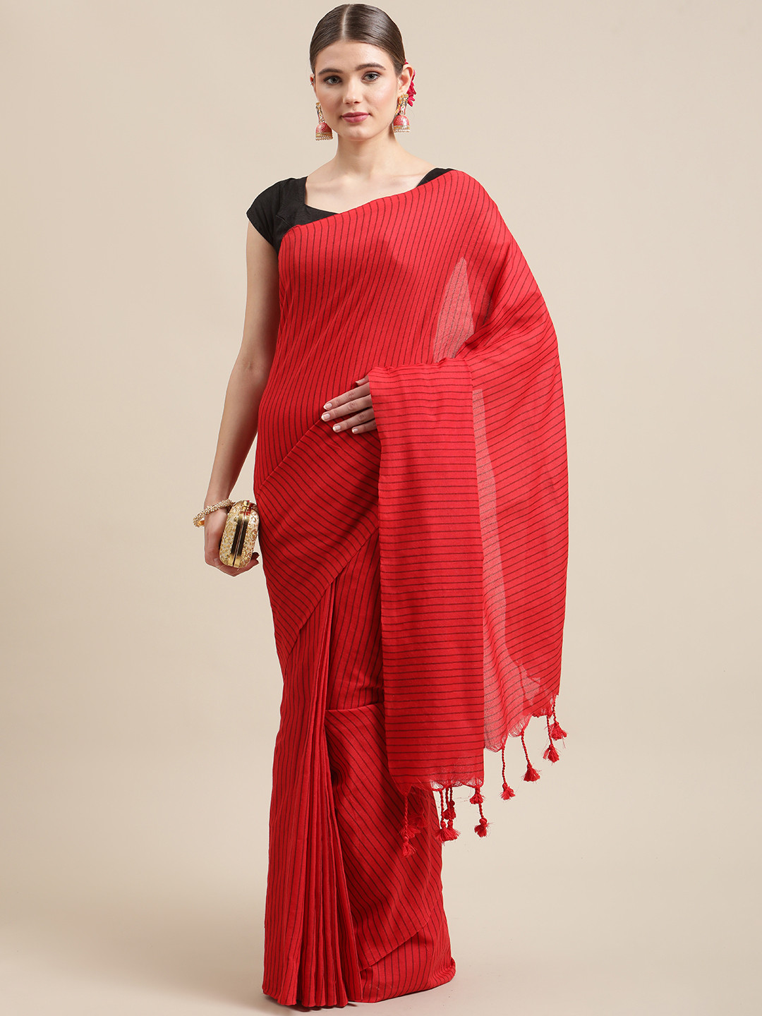 ADITRI Handloom Red & Black Striped Pure Cotton Saree