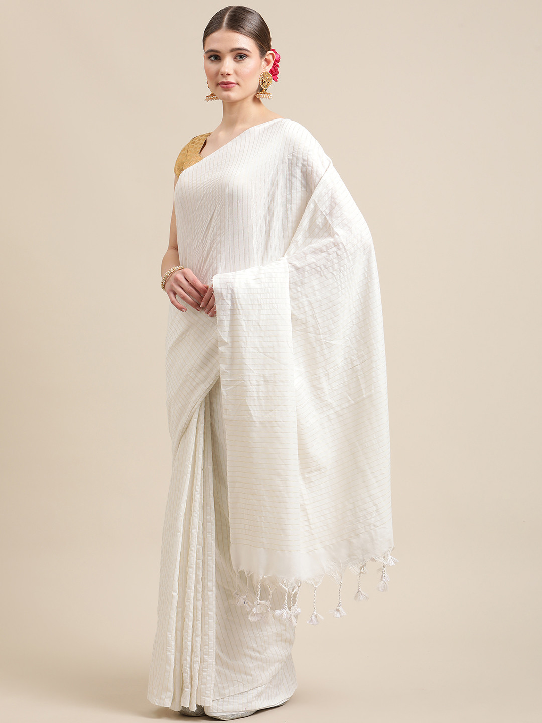ADITRI Handloom White Striped Zari Pure Cotton Saree