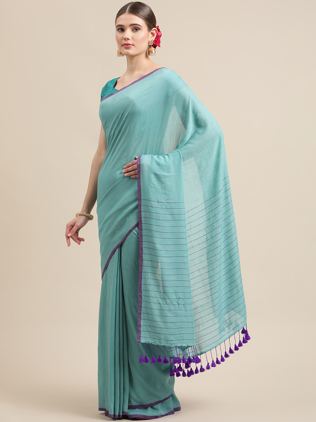ADITRI Handloom Cerulean Blue Solid Pure Cotton Saree