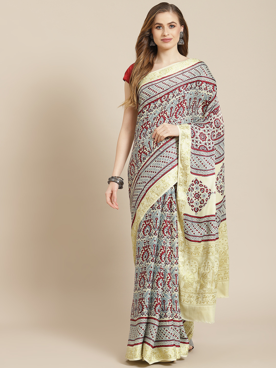 ADITRI Handloom Assorted Ajrakh Print Zari Modal Silk Block Print Saree