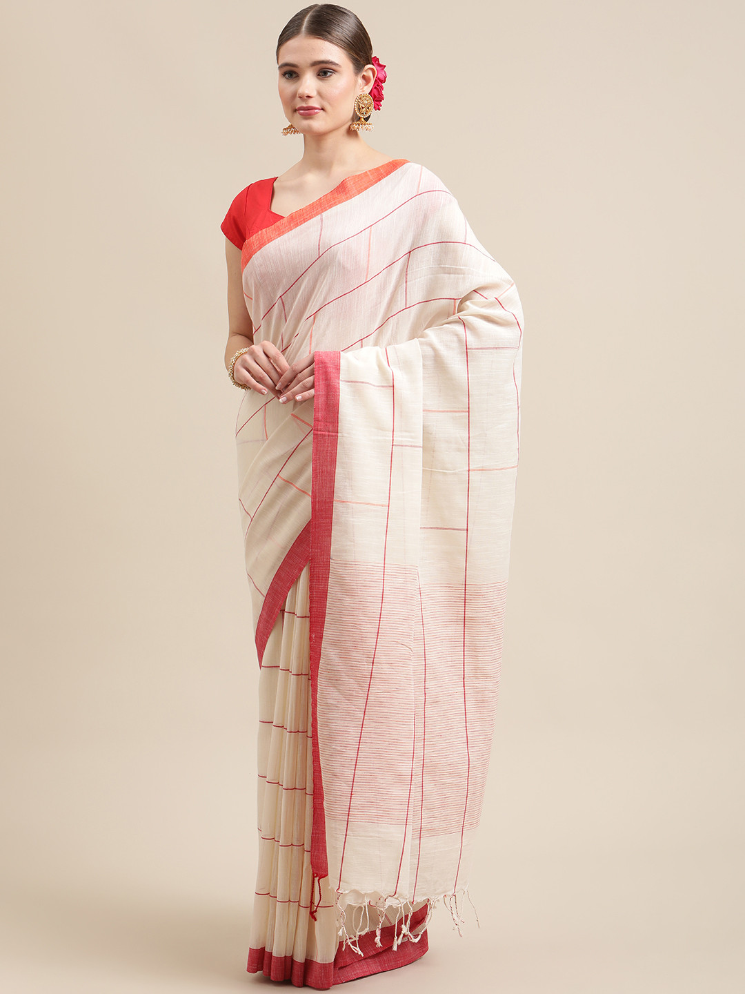 ADITRI Handloom Off White & Red Woven Design Pure Cotton Saree