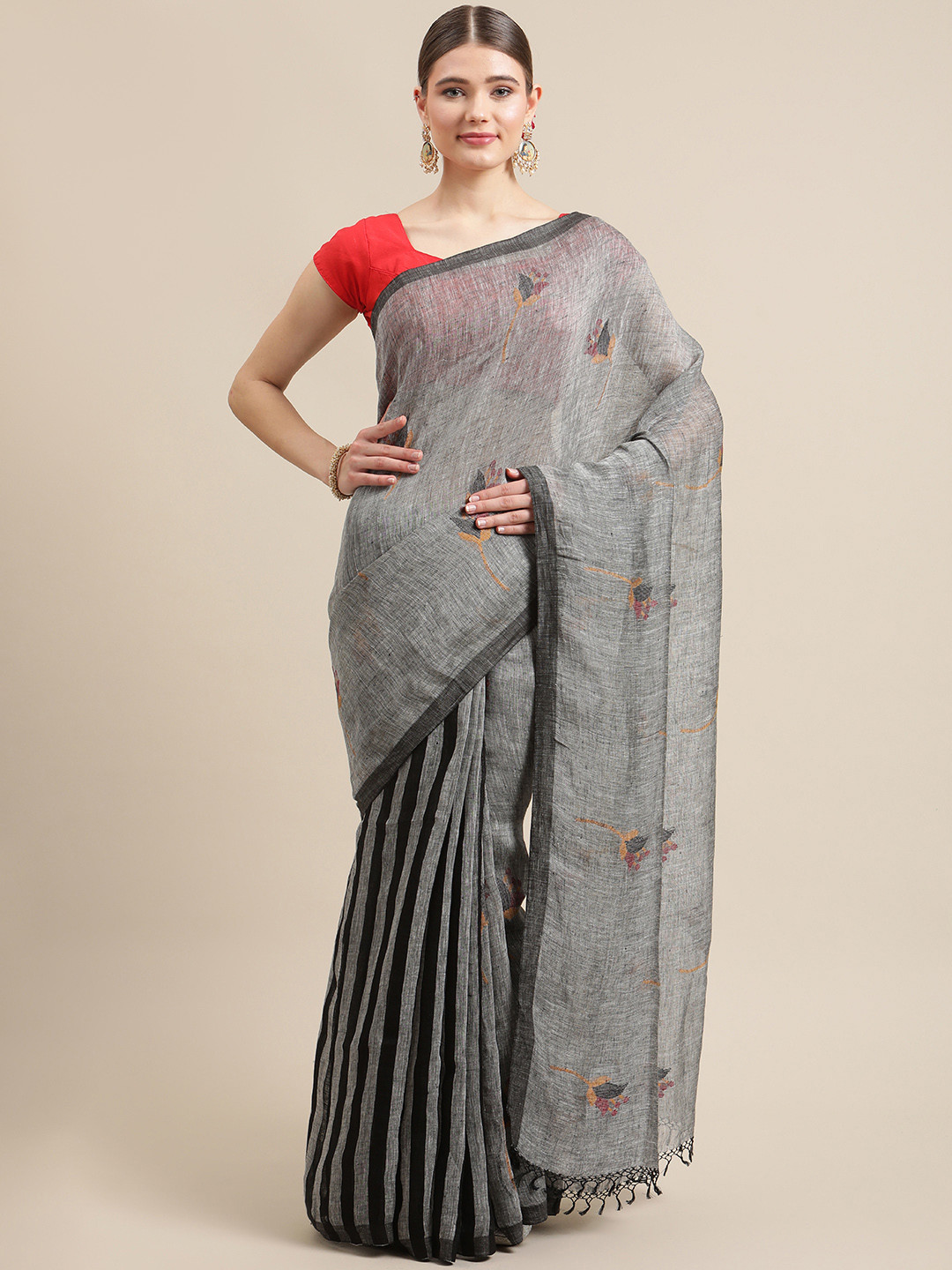 ADITRI Handloom Steel Grey & Black Ethnic Motifs Pure Linen Saree