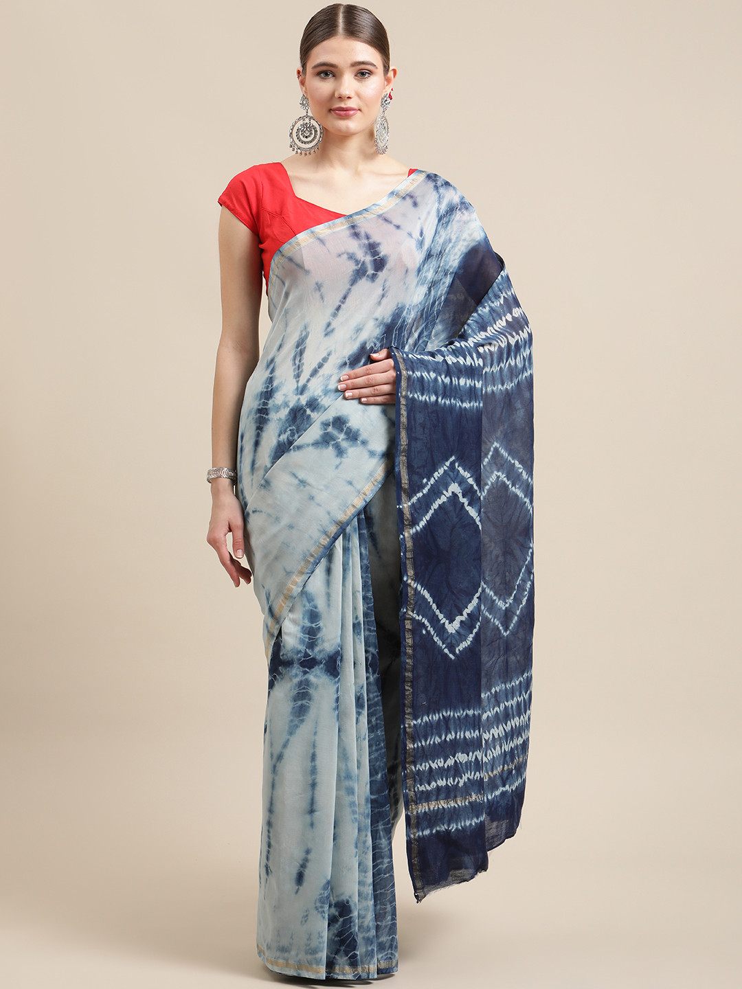 ADITRI Handloom Blue & White Shibori Tie and Dye Zari Art Silk Saree