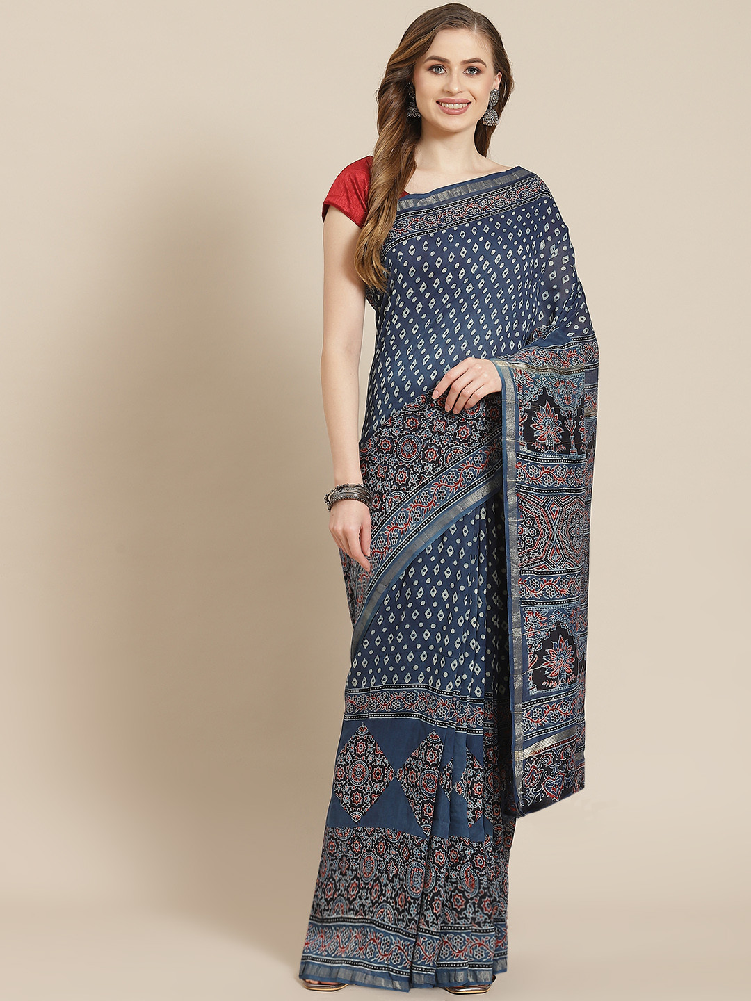 ADITRI Handloom Indigo Blue & White Ajrakh Print Zari Chanderi Silk Block Print Saree